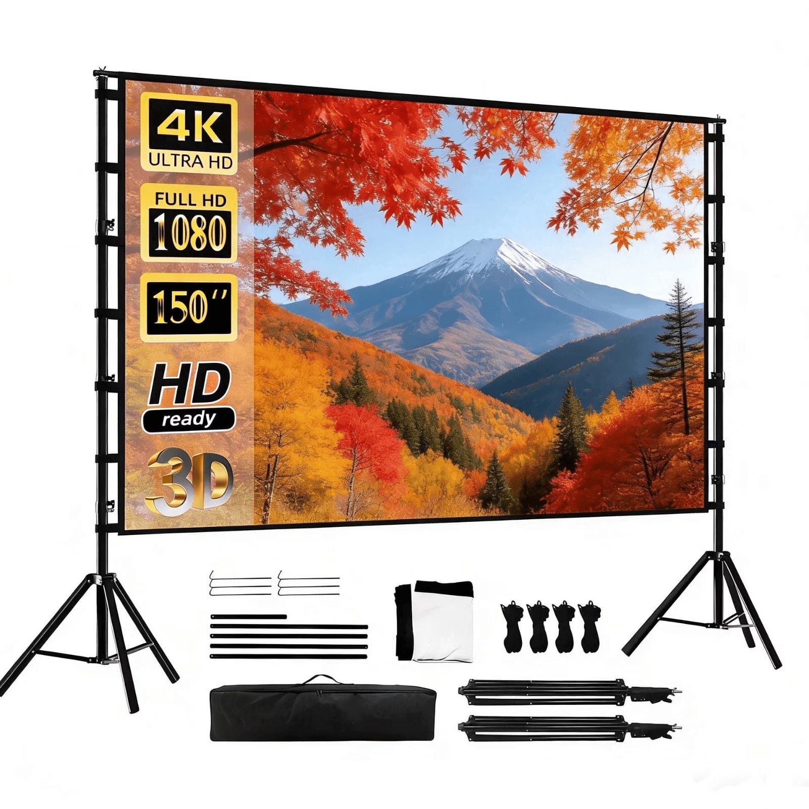 150" Outdoor Projector Screen with Stand 16:9 4K HD Portable Movie Cinema