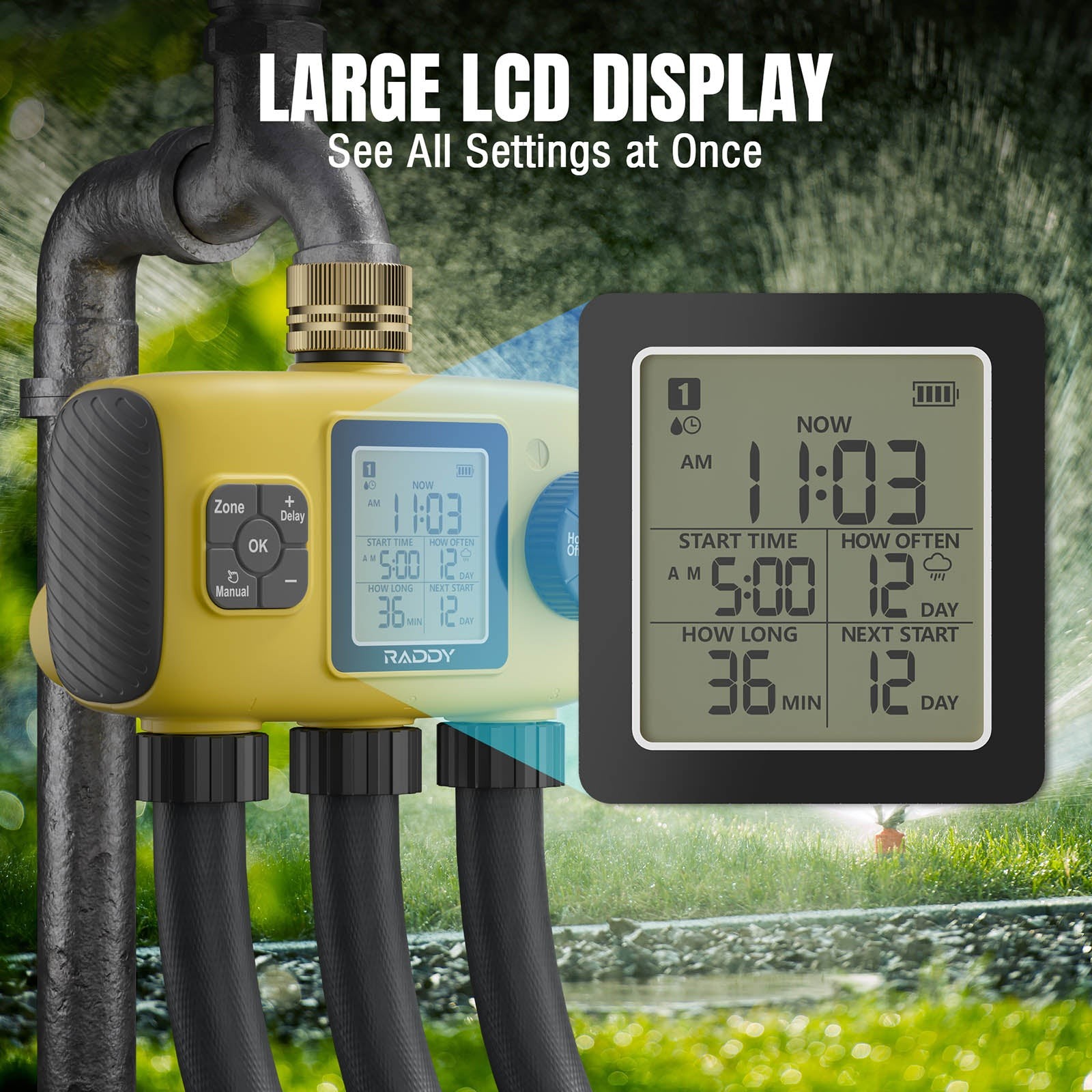 Raddy WS-8 3-Zone Sprinkler Timer: Large LCD, IPX5 Waterproof & Rain Delay