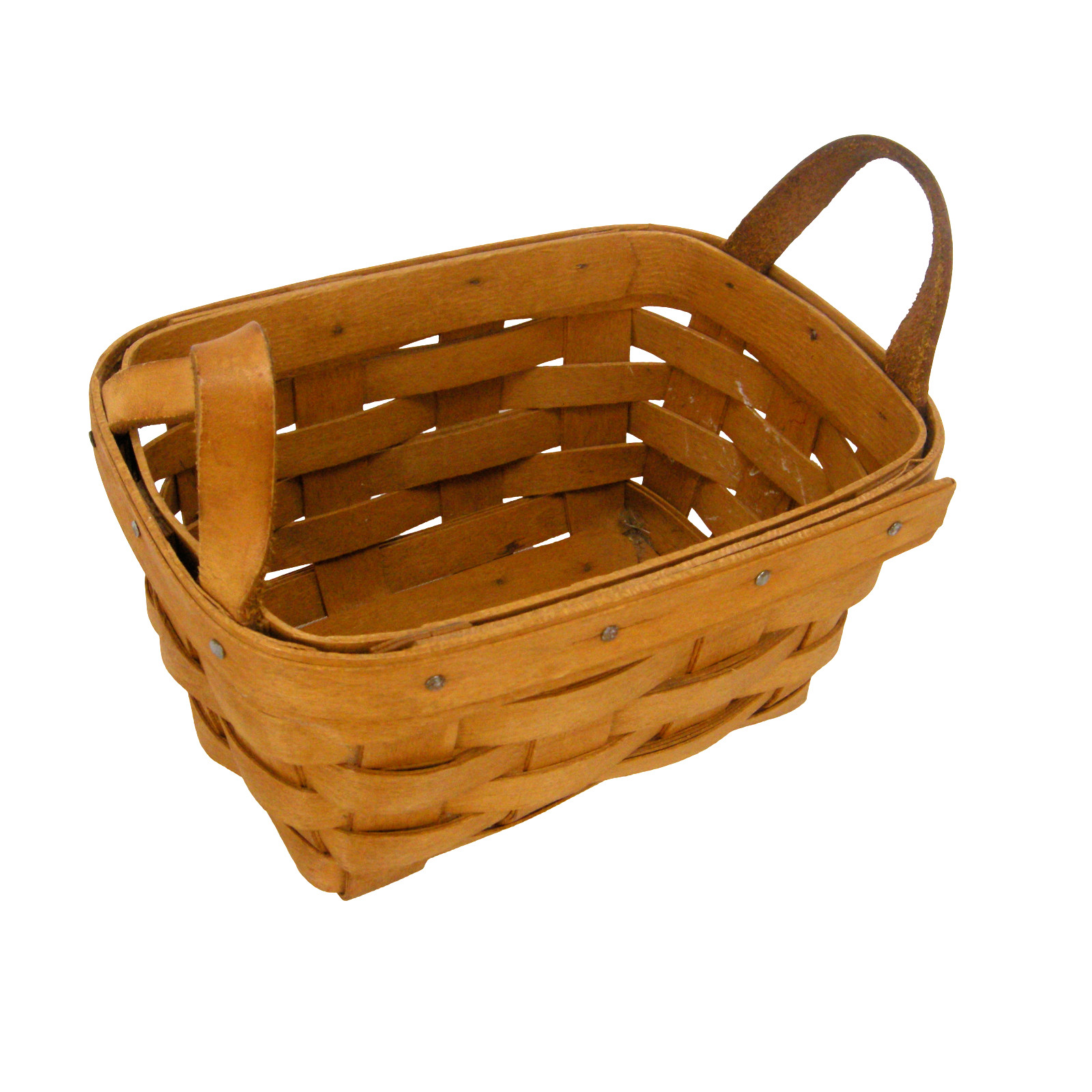 Longaberger 7" x 5" x 3.75" Handmade Wooden Basket with Leather Handles 1992 GC