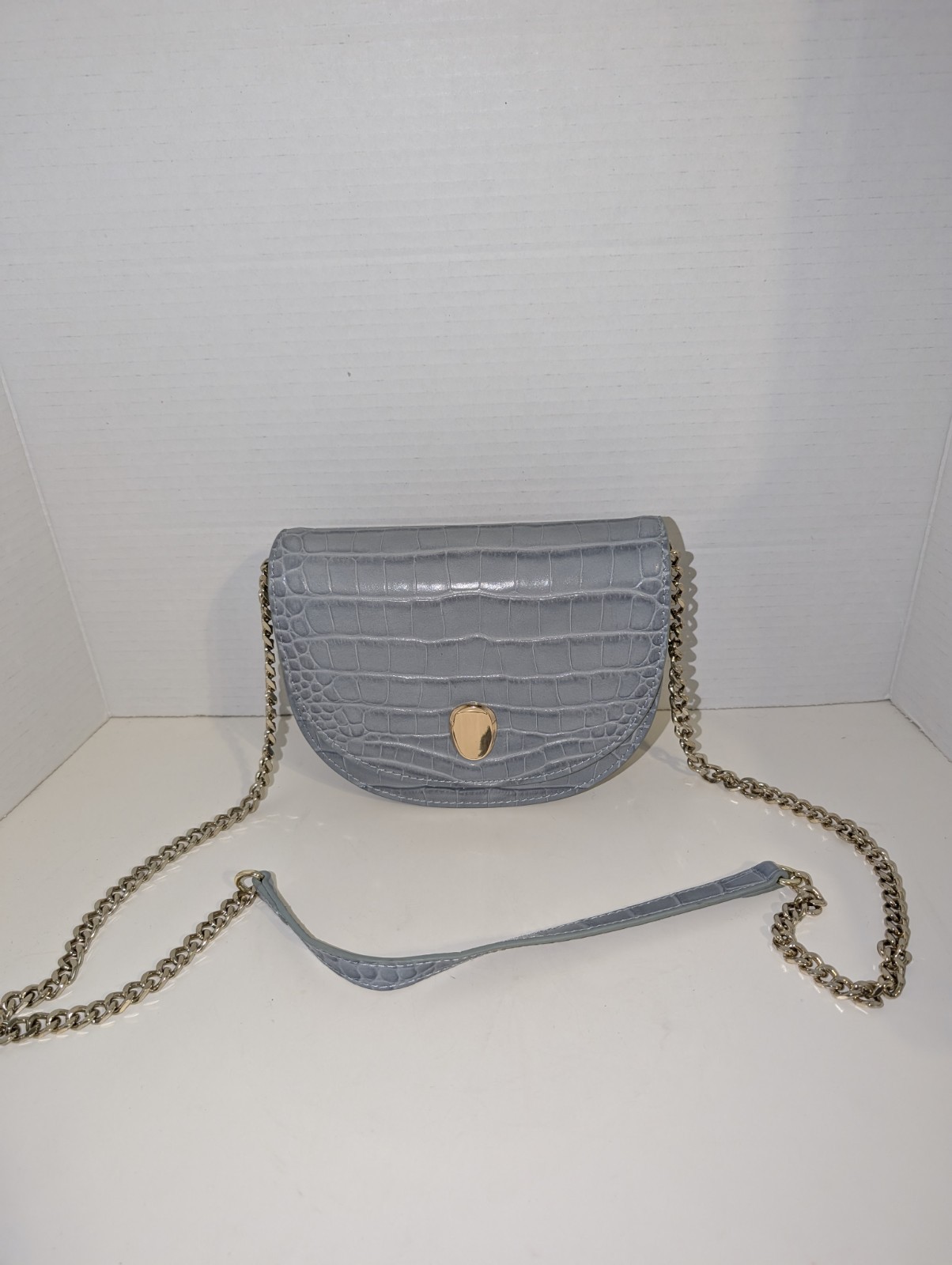 Anna Cai Blue Leather Embossed Cowhide Crossbody Bag w/Gold Chain Accents