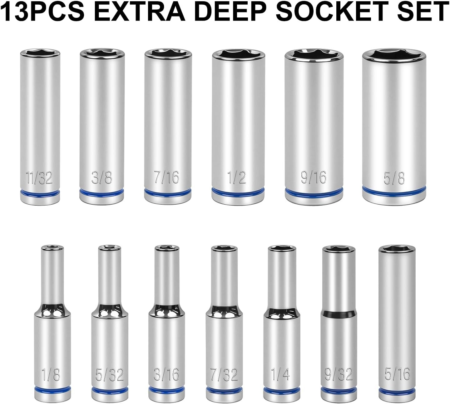 1/4" Drive SAE Deep Socket Set 13PC 1/8-5/8" 6 Point CR-V Hex Sockets Case USA