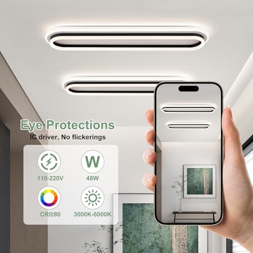 Modern Linear Ceiling Light, 31.5Inch Dimmable LED Flush Mount Ceiling Black