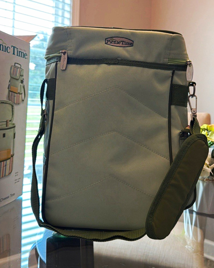 Picnic Time Cooler Bag Green Multicolor Striped Zipper Closure Shoulder Strap