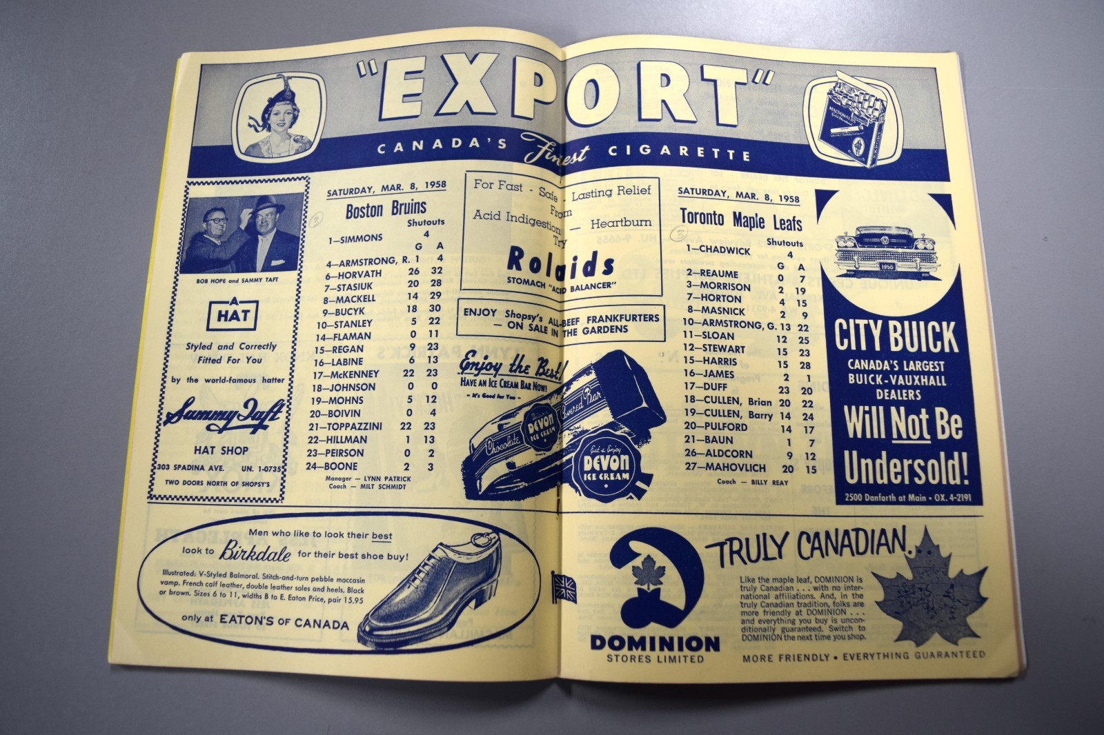 Toronto Maple Leafs Vs Boston Bruins March 8th 1958 Official Game Program Marked