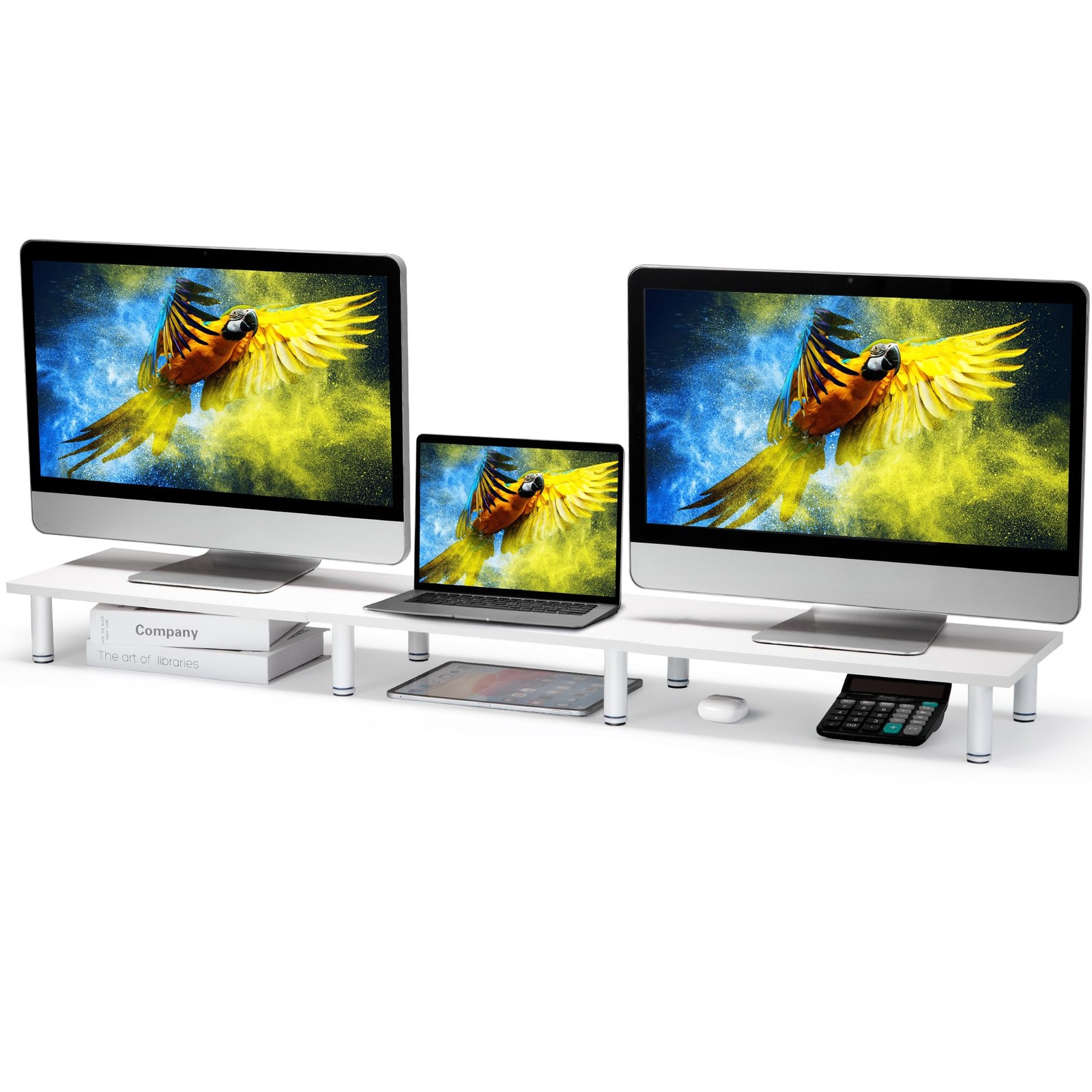 Extra-Long Dual Monitor Stand Riser for 2 Monitors, Desk Organizer, Wood Steel