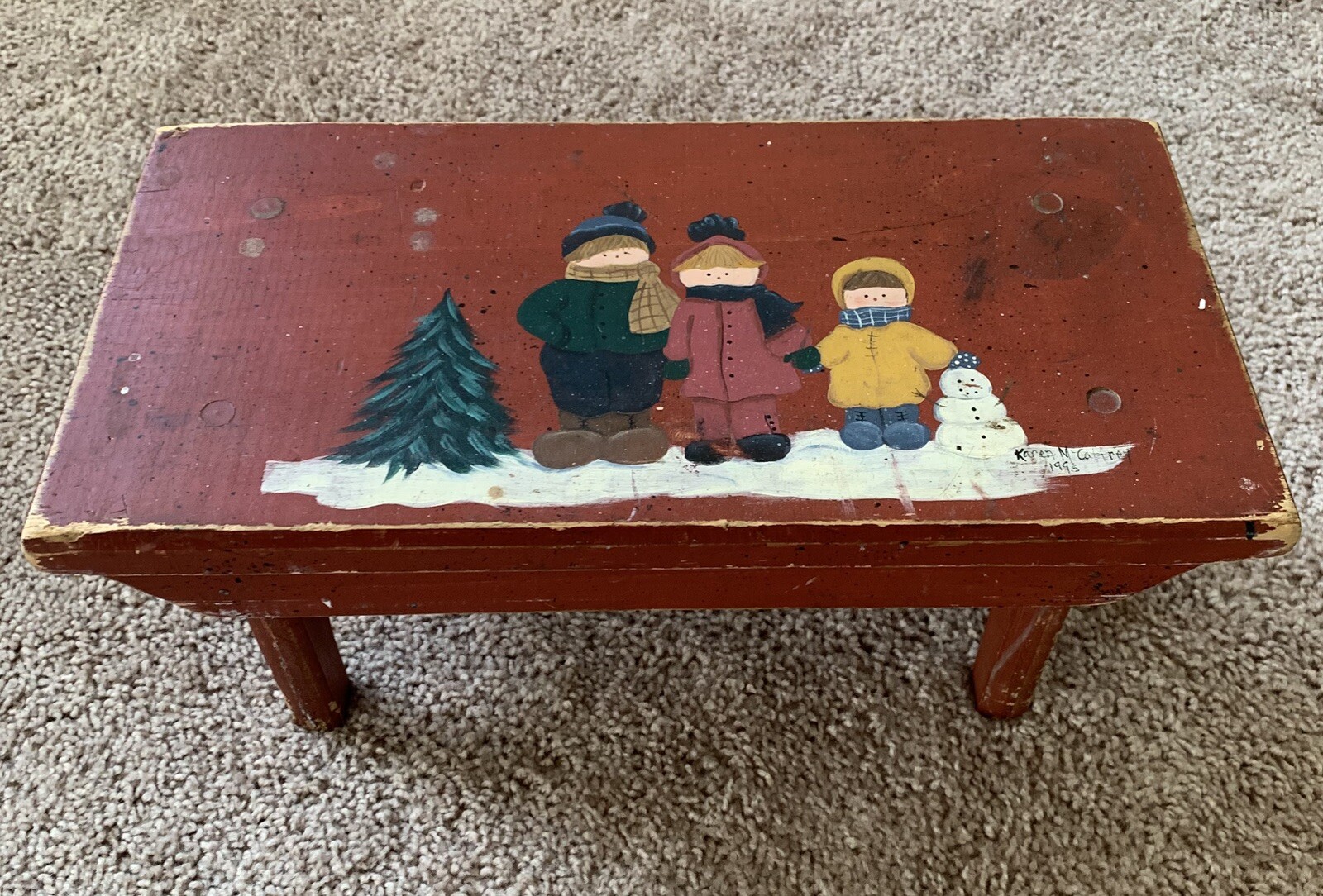 Vintage Rustic Artist Signed Red Wooden Footstool