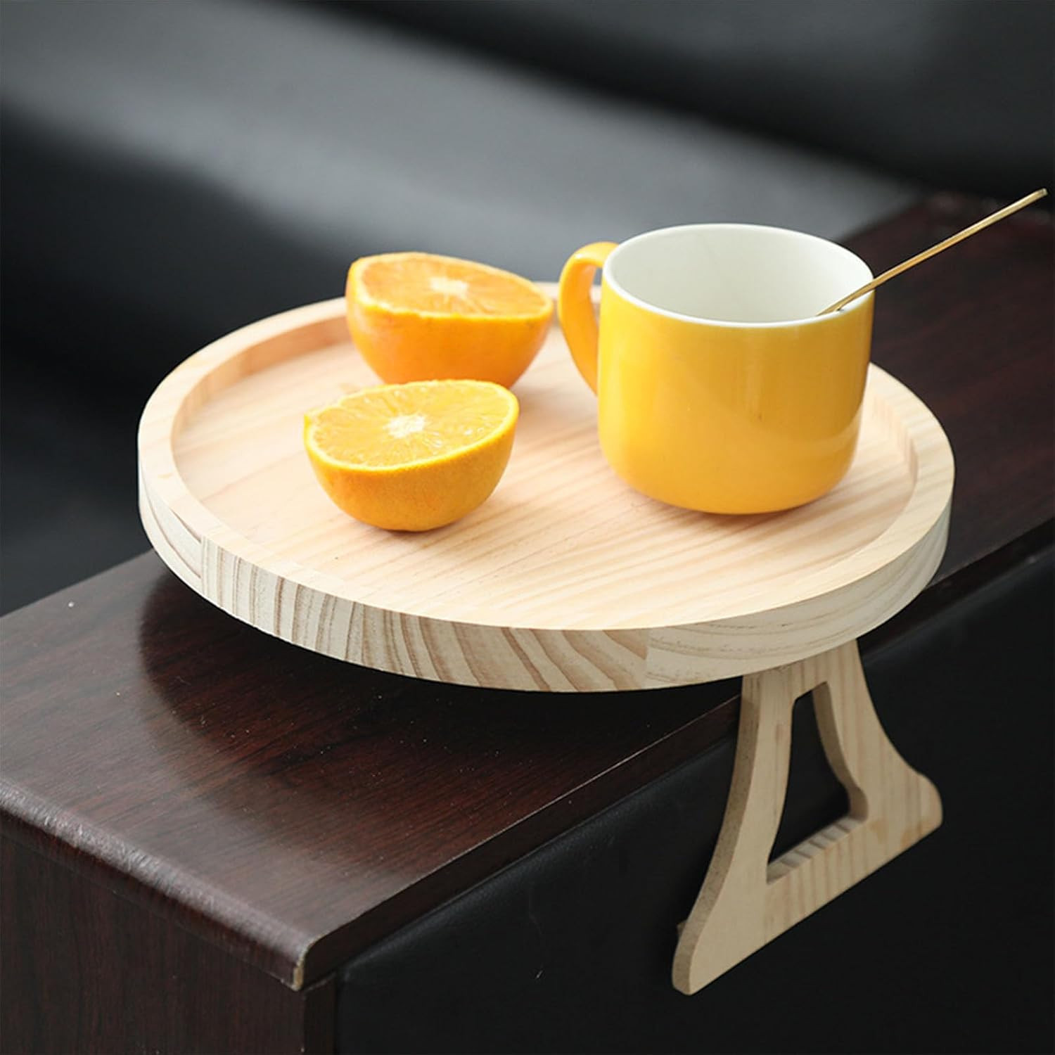 10 Inch round Sofa Arm Tray, Natural Wood Couch Armrest Table, Clip on Side Tabl
