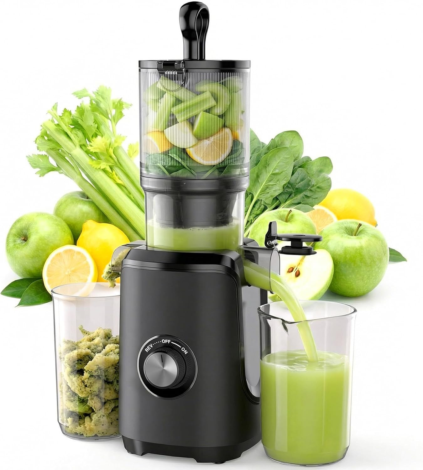 Cold Press Juicer Machines, Masticating Juicer with High Juice Yield, Reverse Fu