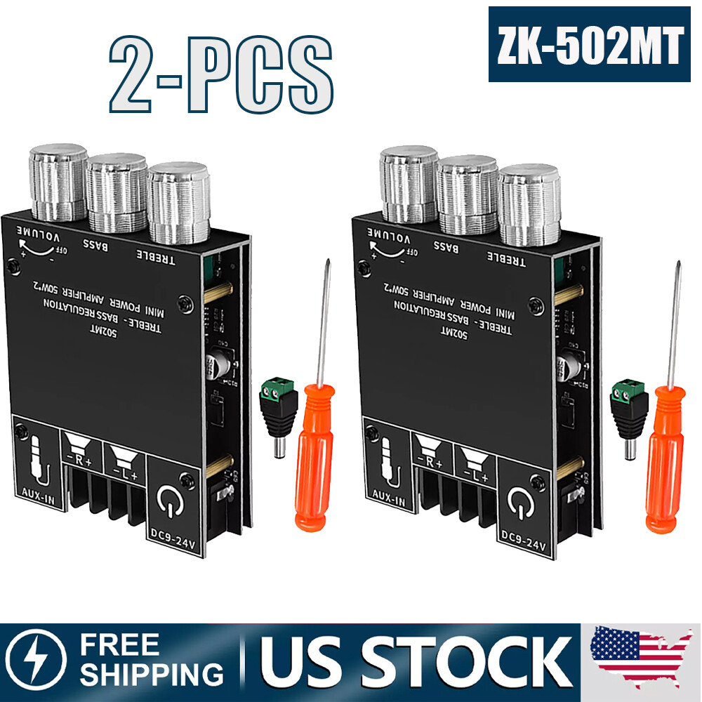 2PC ZK-502MT 50W*2 Bluetooth 5.2 Audio Amplifier Board Module Tone Adjustable