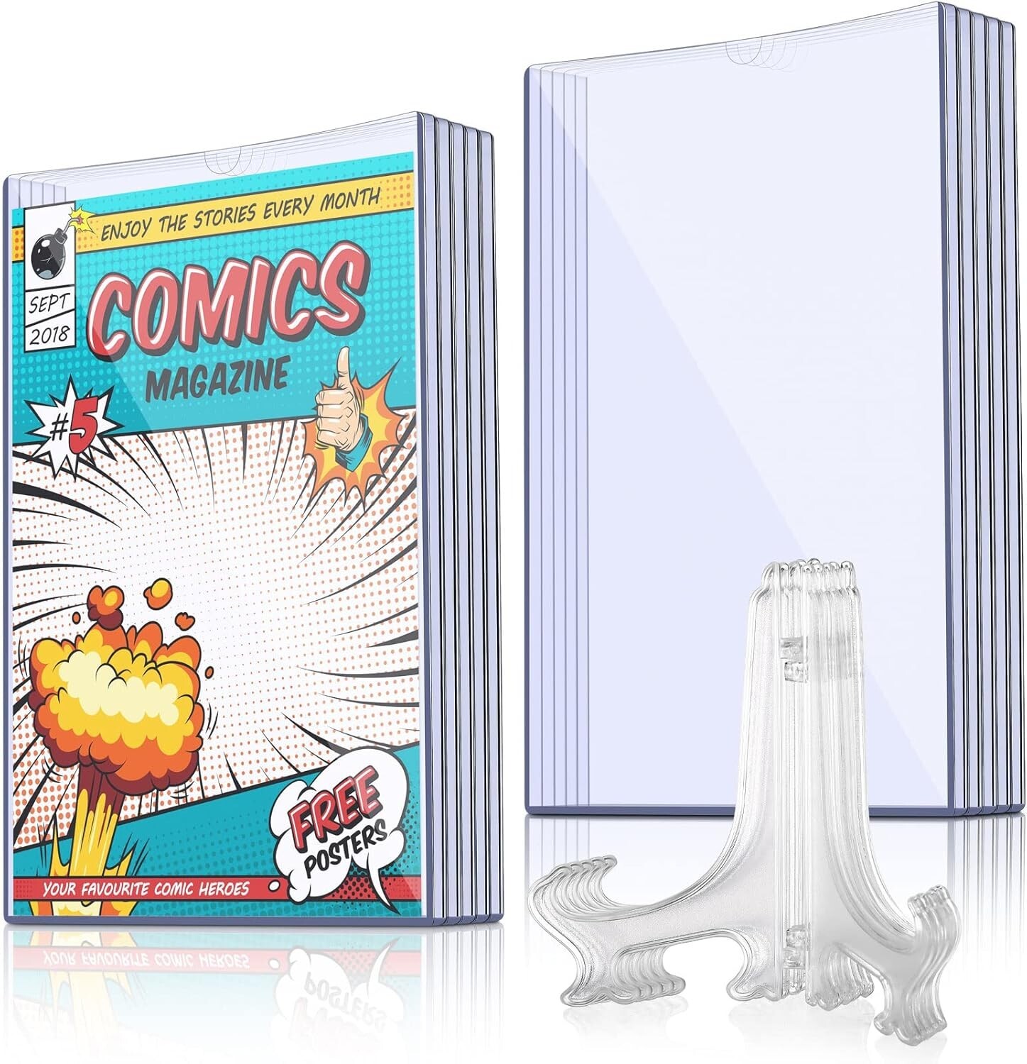 Comic Book Display Case Set, Include Comic Book Sleeves and Clear Plastic Easels