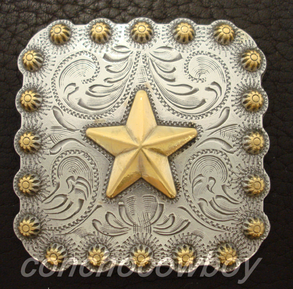 WESTERN SADDLE HORN CAP GOLD STAR BERRY SQUARE SADDLE CONCHO 2-1/4" screw back