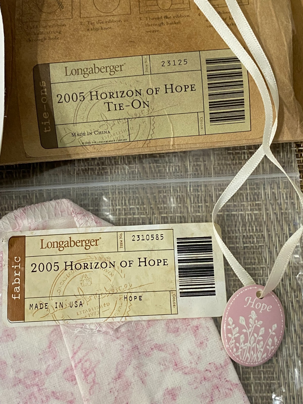 NEW Longaberger 2005 Horizon Of Hope Cloth Liner, Stickers & New Tie On UNUSED!