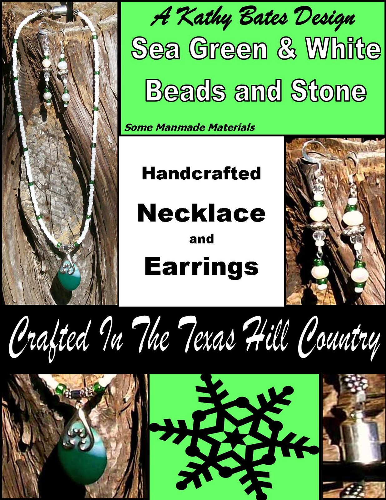 Kathy Bates Designer 17" Green & White Necklace W/Earrings Custom Texas Jewelry