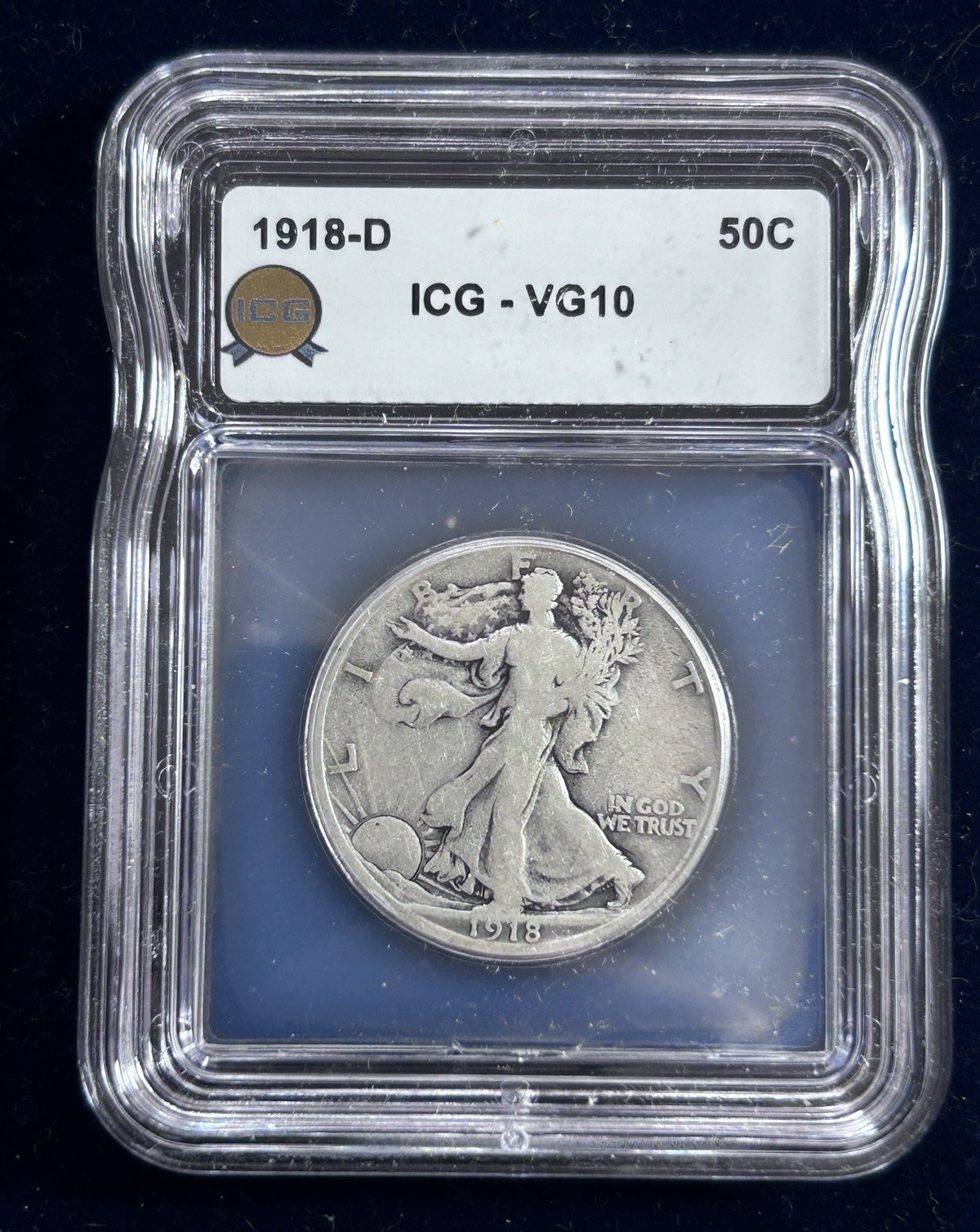 1918-D Walking Liberty Half Dollar 50C, ICG VG10 Silver 90%