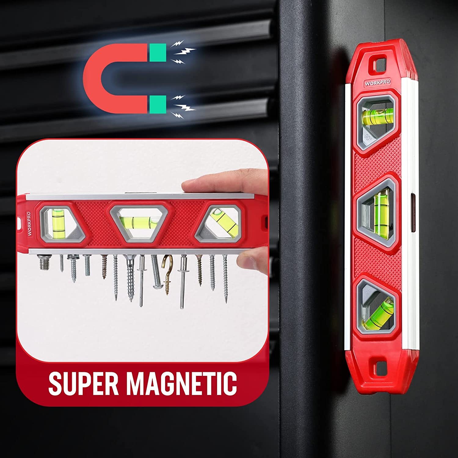 WORKPRO 9-Inch Torpedo Level Magnetic, Small Leveler Tool w/3 Different Bubbles