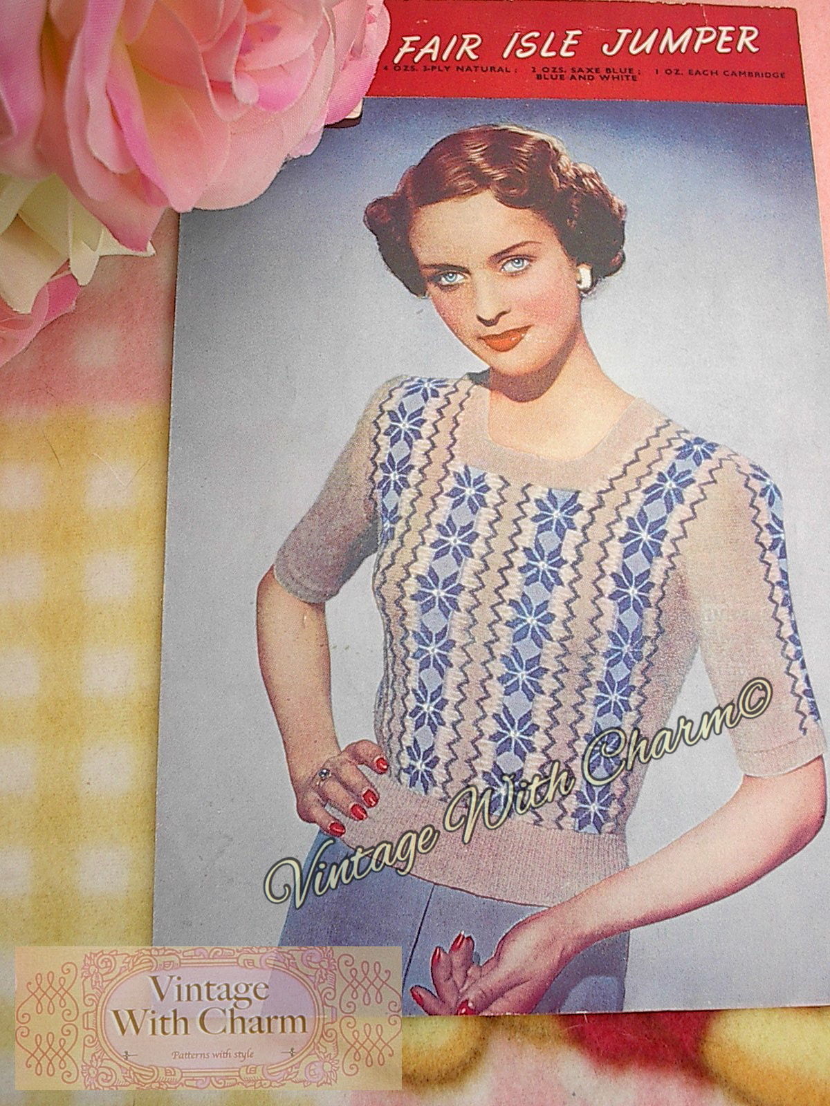 Vintage 1940's Womens / Lady's Floral Stripe Fair Isle Jumper Knitting Pattern