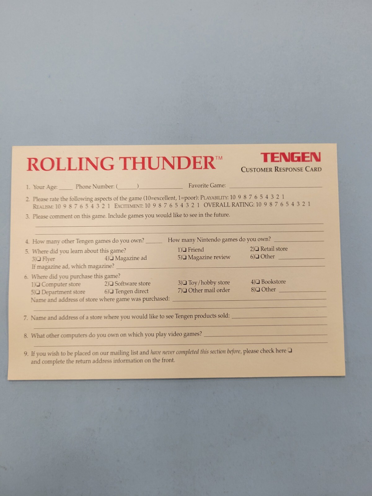 Rolling Thunder Tengen Registration Card ONLY AUTHENTIC