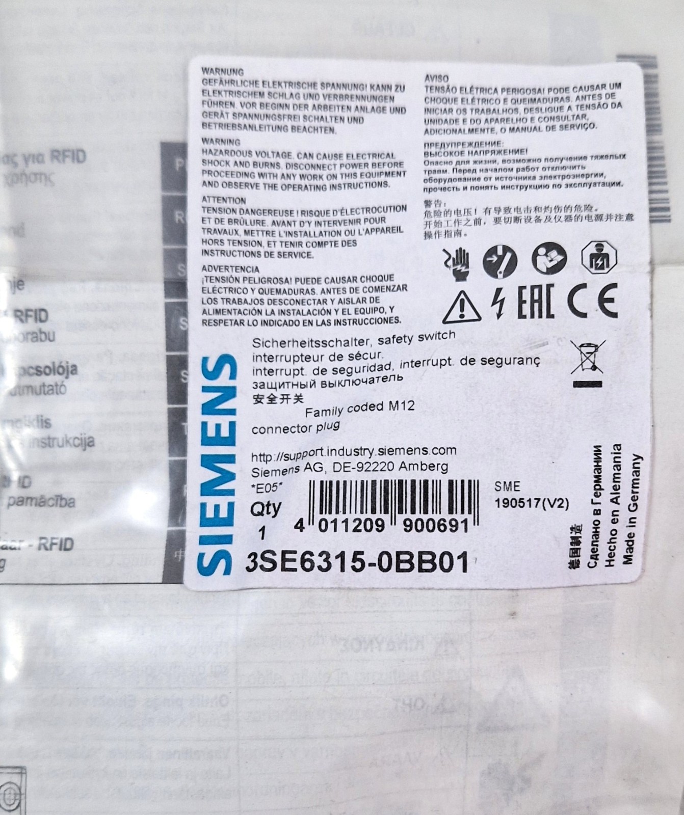 Siemens 3SE6315-0BB01 Non-Contact Safety Switch RFID Actuator