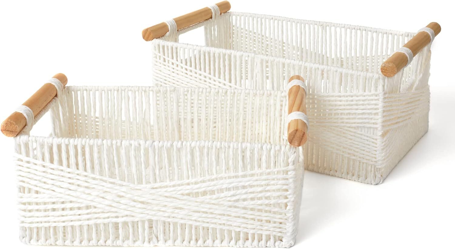 Woven storage basket for organizing and storing items, books, white, set of 2.