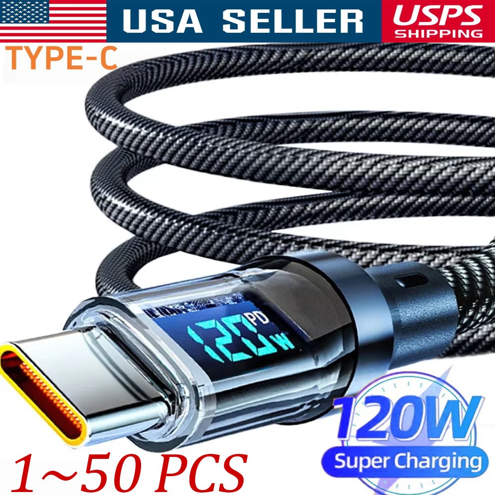 120w Super Fast USB Type-C Charging Braid Phone Charger Lead with Display LOT