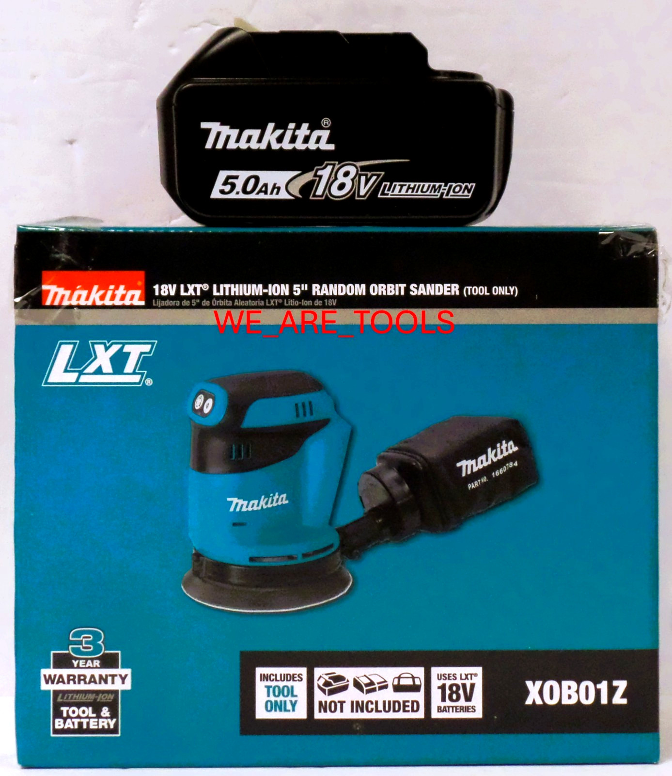 NEW Makita XOB01Z 18 Volt 5" Cordless Orbital Sander, 1) BL1850B 5.0 Ah Battery