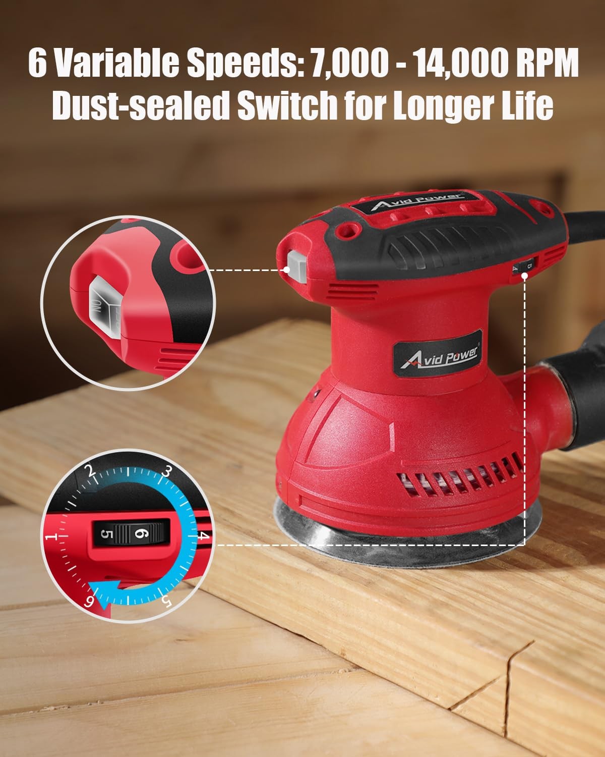 AVID POWER 5 Inch Orbital Sander Electric 3.0 Amp 6 Variable Speed Tool