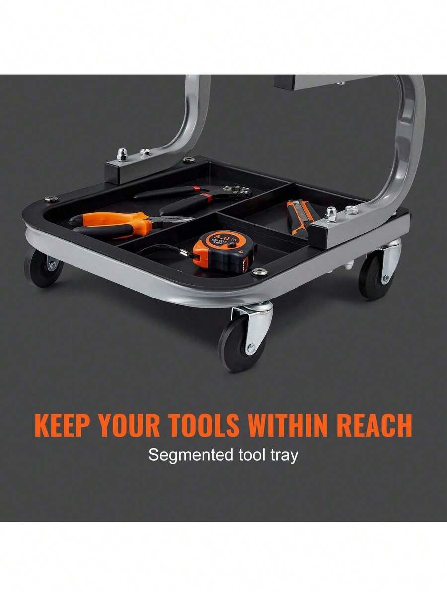 Black garage work stool with wheels, 250 lbs capacity, padded.