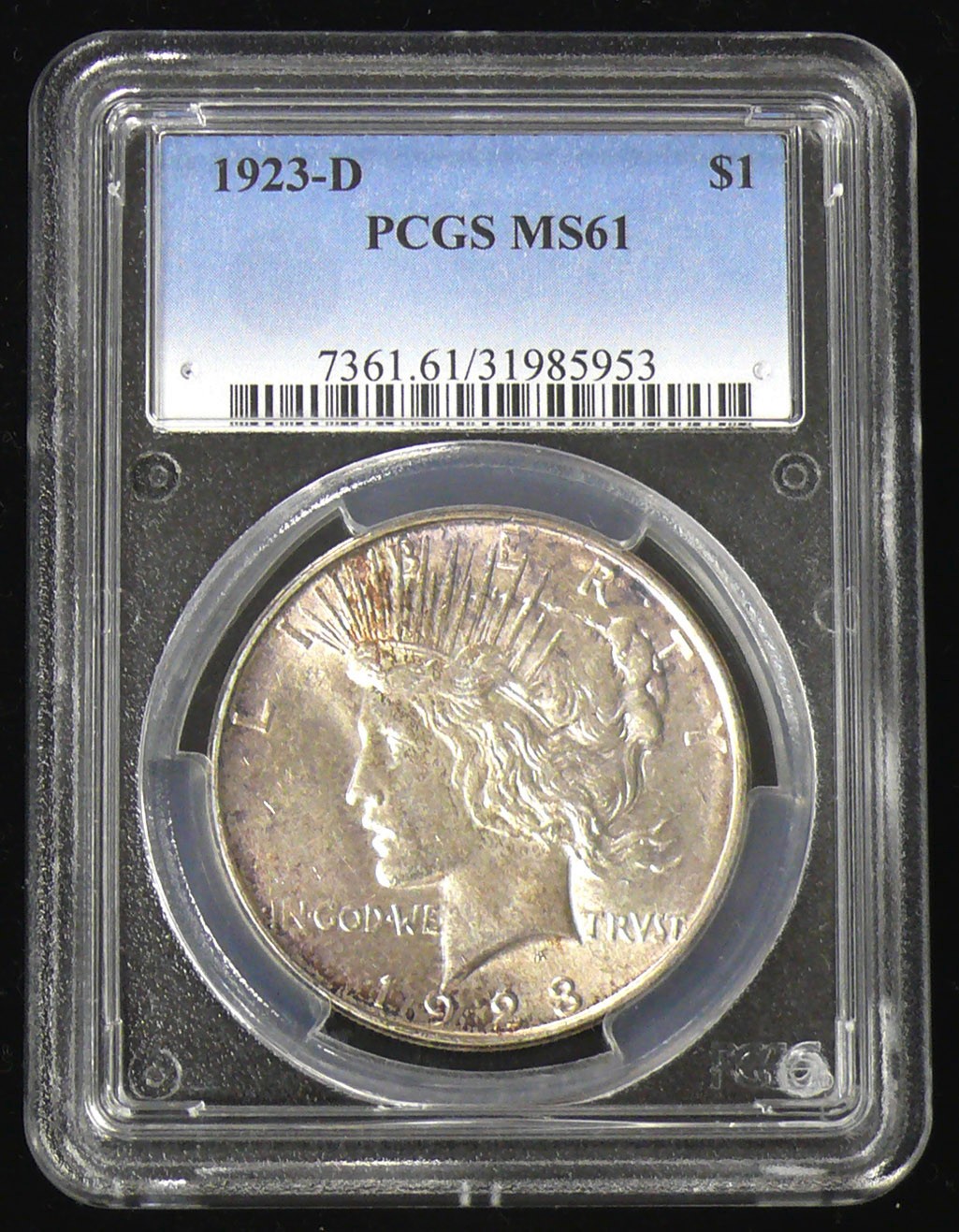 1923-D AU-58 SILVER PEACE DOLLAR, TONING ON COIN,  PCGS GRADED
