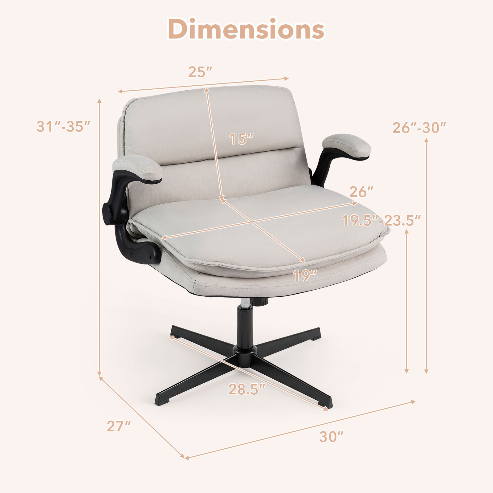 Criss Cross Chair w/Flip-up Arms, Adjustable Height, Wide Backrest, Padded Seat