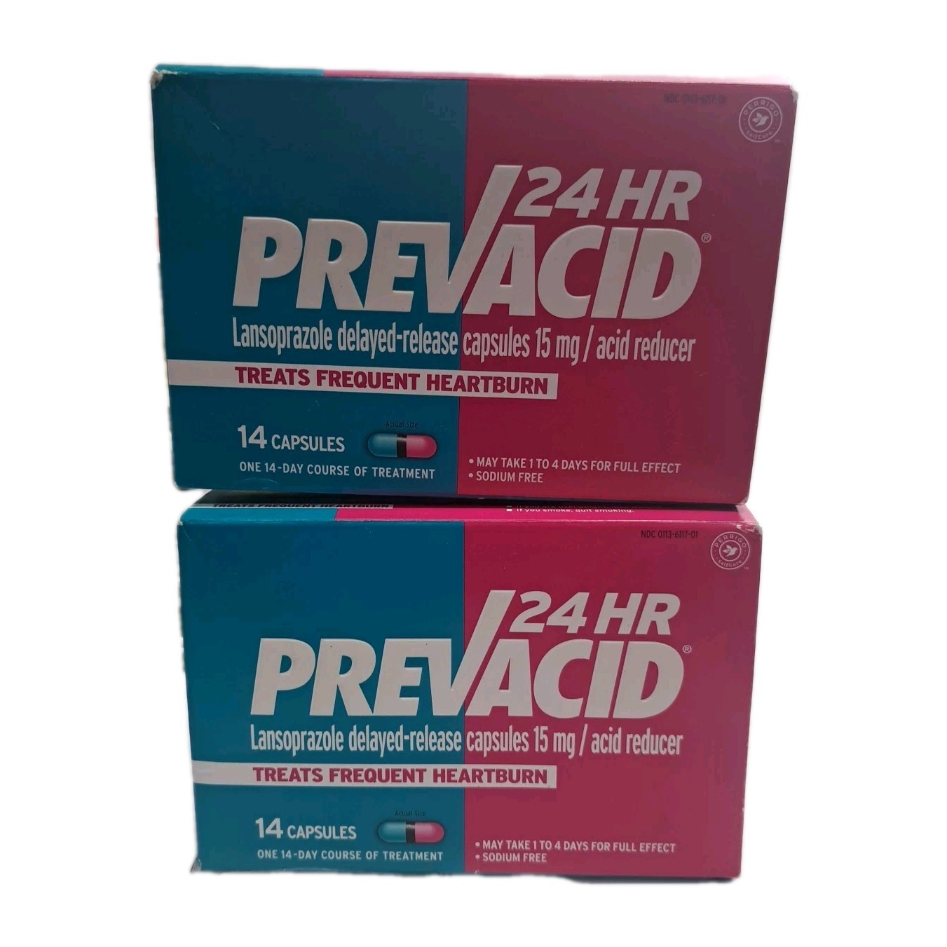 Two Prevacid 24HR 15mg Heartburn Relief 28 Capsules Total. 14 Caps Ea.Exp 05/26