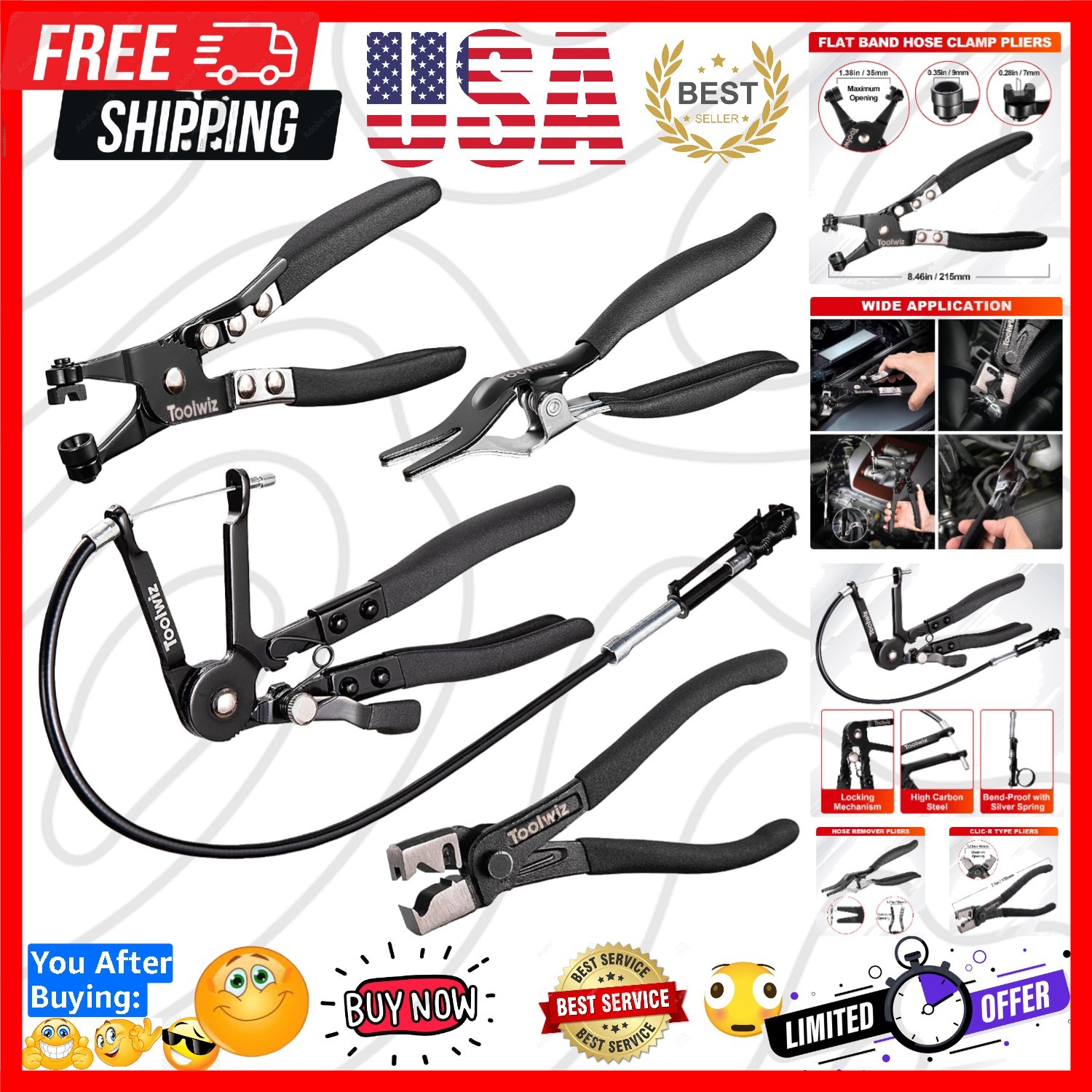 Hose Clamp Pliers Set, 4 Pcs Coolant Radiator Spring Clamp Pliers | 27" Long ...