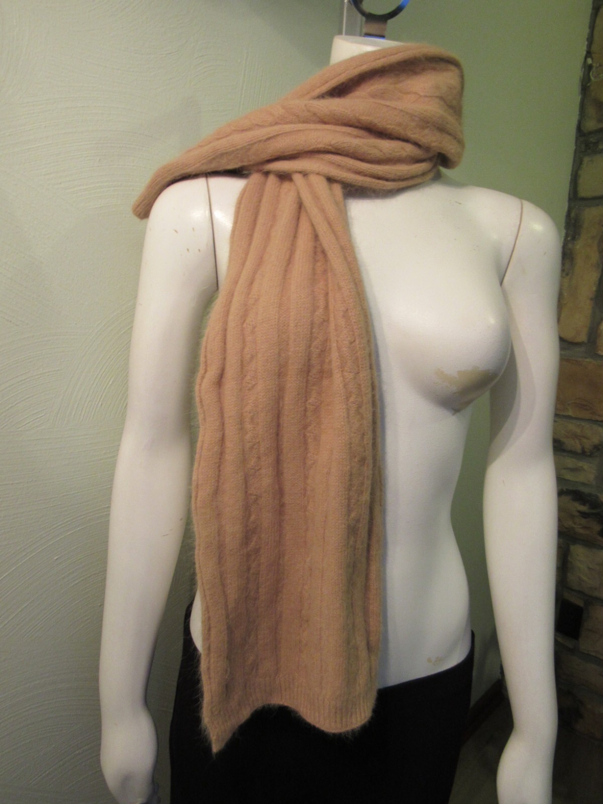 Men's Scarf Tan Beige 70% Angora Wool Blend Cable Knit 9 x 47