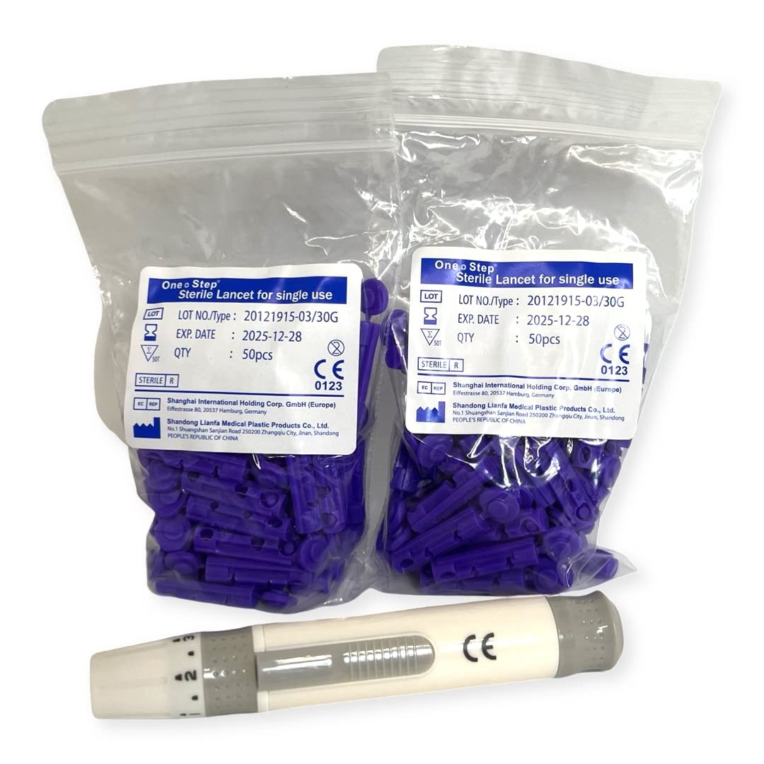 One Step Lancing Device & 100 1 x + 100 x 30g Lancets, Purple