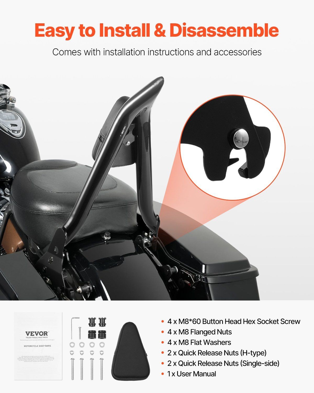 27in Easy-Mount Backrest Bar for Harley-Davidson Dyna 2006-2017