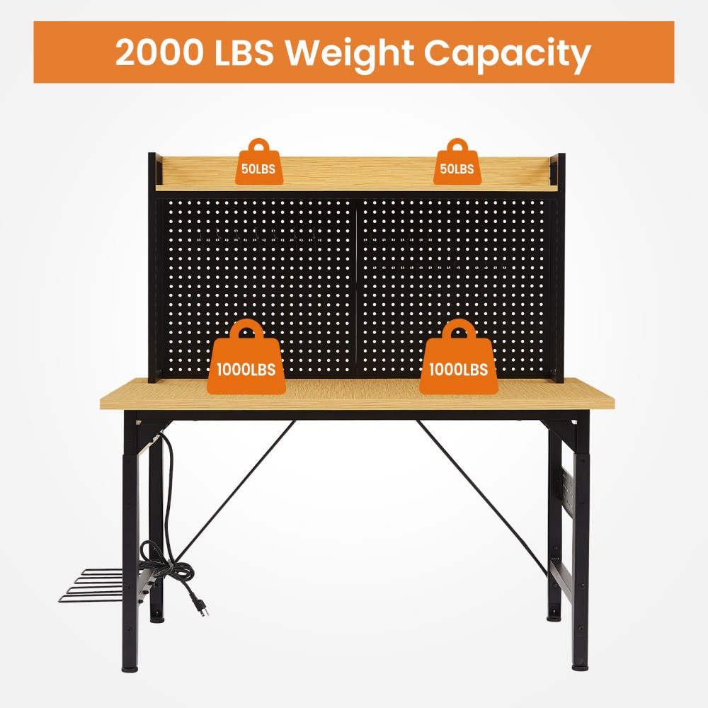 Adjustable Workbench with pegboard Heavy Duty Wooden Desktop Workbench W/ Wheel