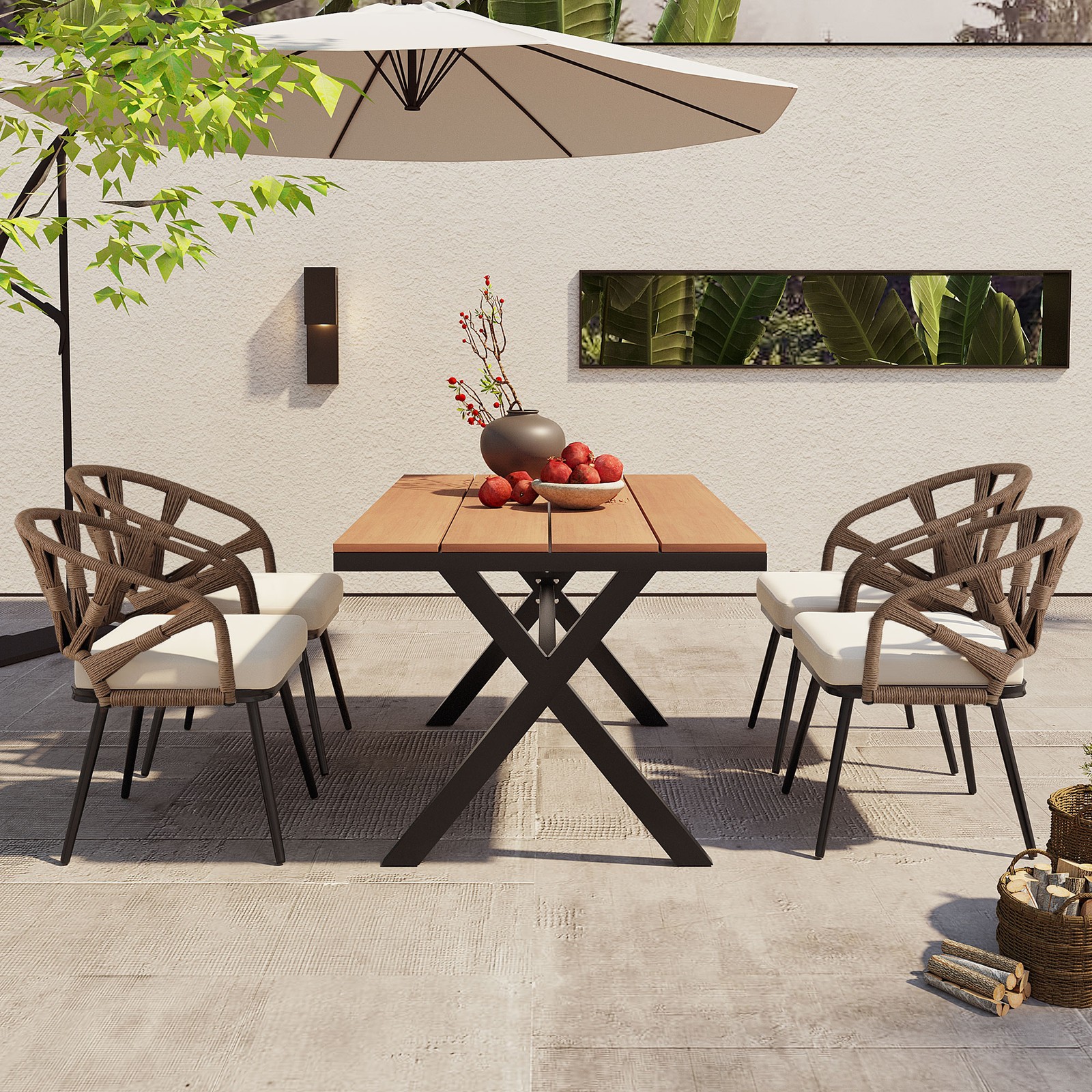 4-Piece Outdoor Patio Furniture Set with PE Rattan Chairs and Plastic Wood Table