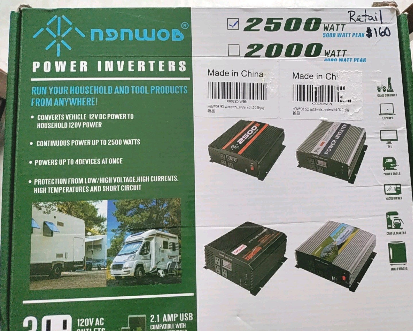 2500 Watt Pure Sine Wave Power Inverter 12V DC to 110V 120V Converter