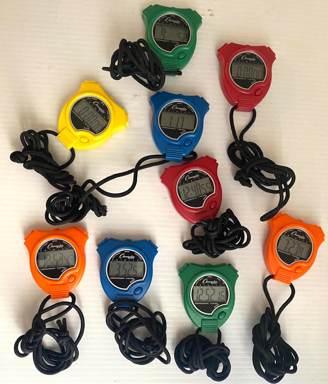 Champion Sports Digital  Stop Watches Green Orange Red Yellow Blue  Lot of 9