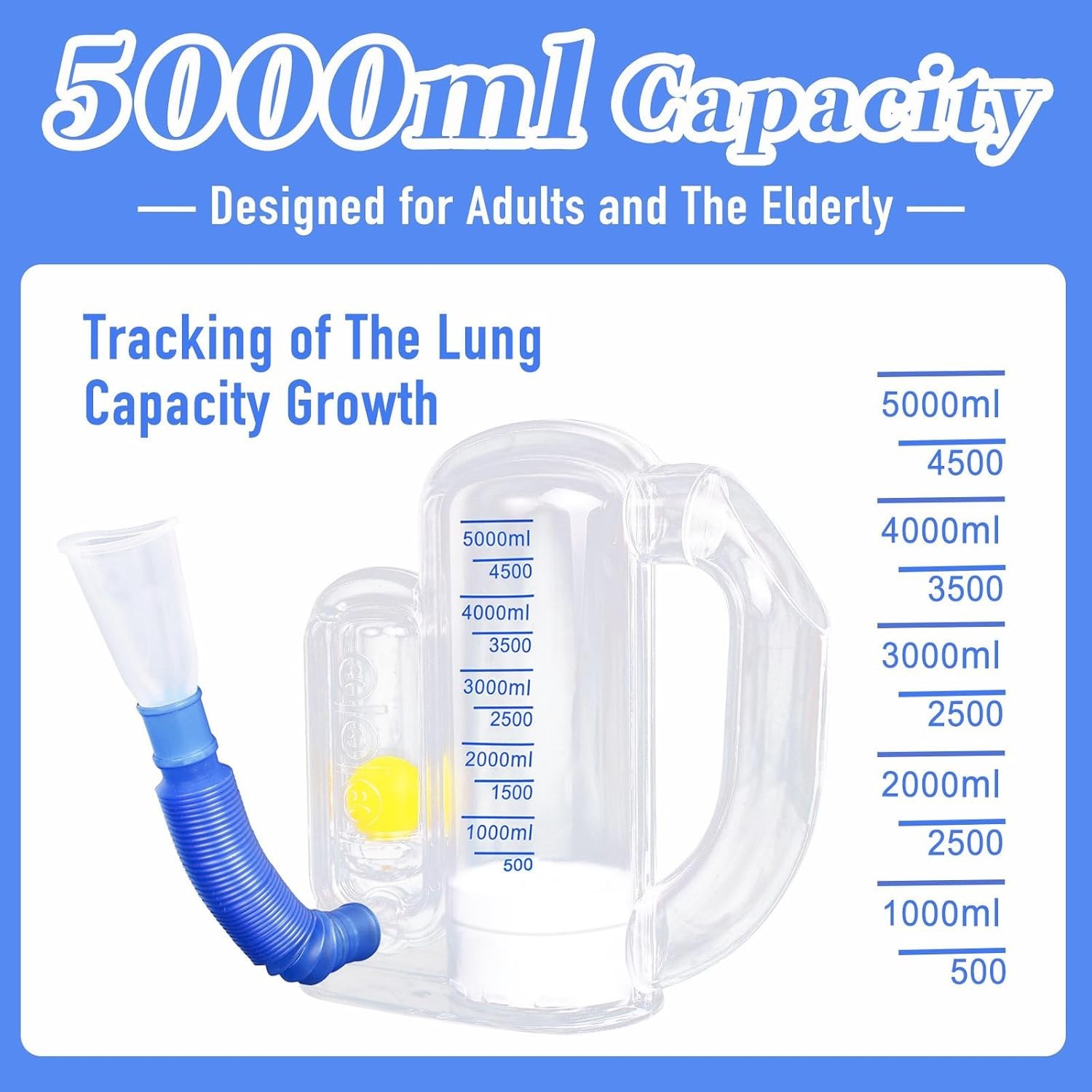 Incentive Spirometer Adult, Breathing Exercise Device for Lungs, Deep 5000ml