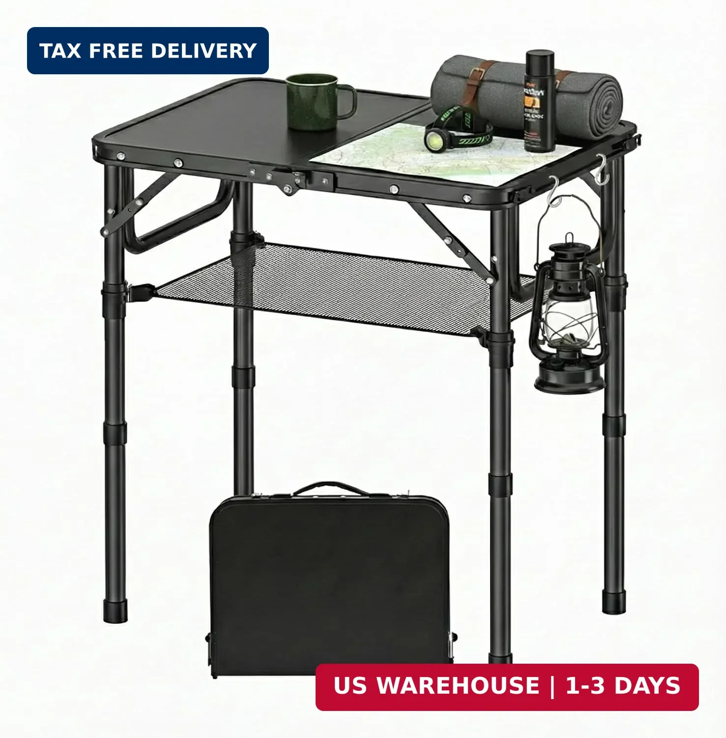Small Folding Camping Table with Storage Net, 3 Adjustable Heights Foldable Tabl