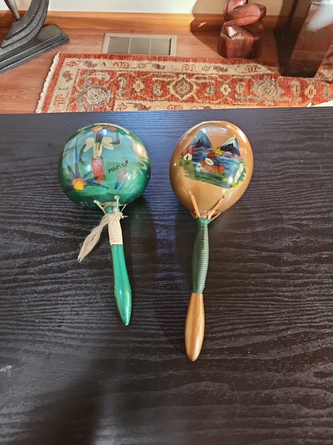Pair Of Mexican Maracas Gold And Green Gourd Shaker Music Mexico Hand Painted