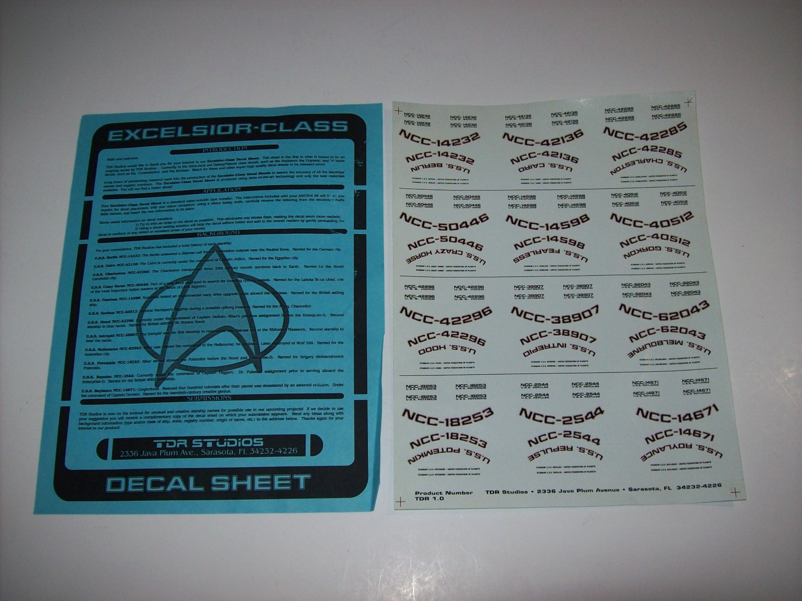 Vintage Star Trek Decals EXCELSIOR CLASS (12 different star ships), TDR STUDIOS