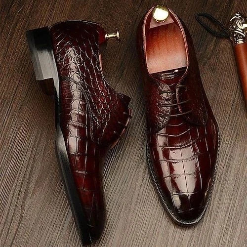 Custom Made Men's Burgundy Alligator Leather Texture Derby Lace Up Dress Shoes