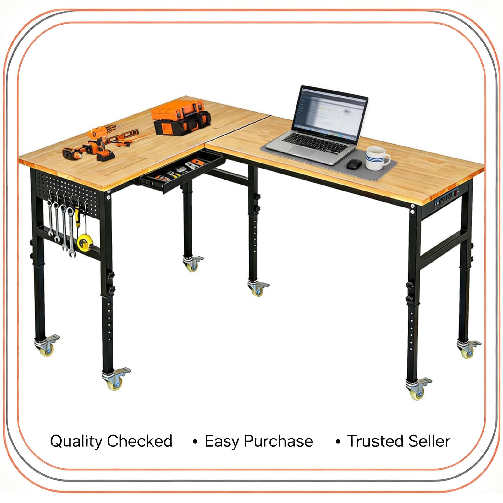 Heavy Duty 130" l-Shaped Adjustable Workbench w/ Wheels 2000 Lbs Capacity Drawer
