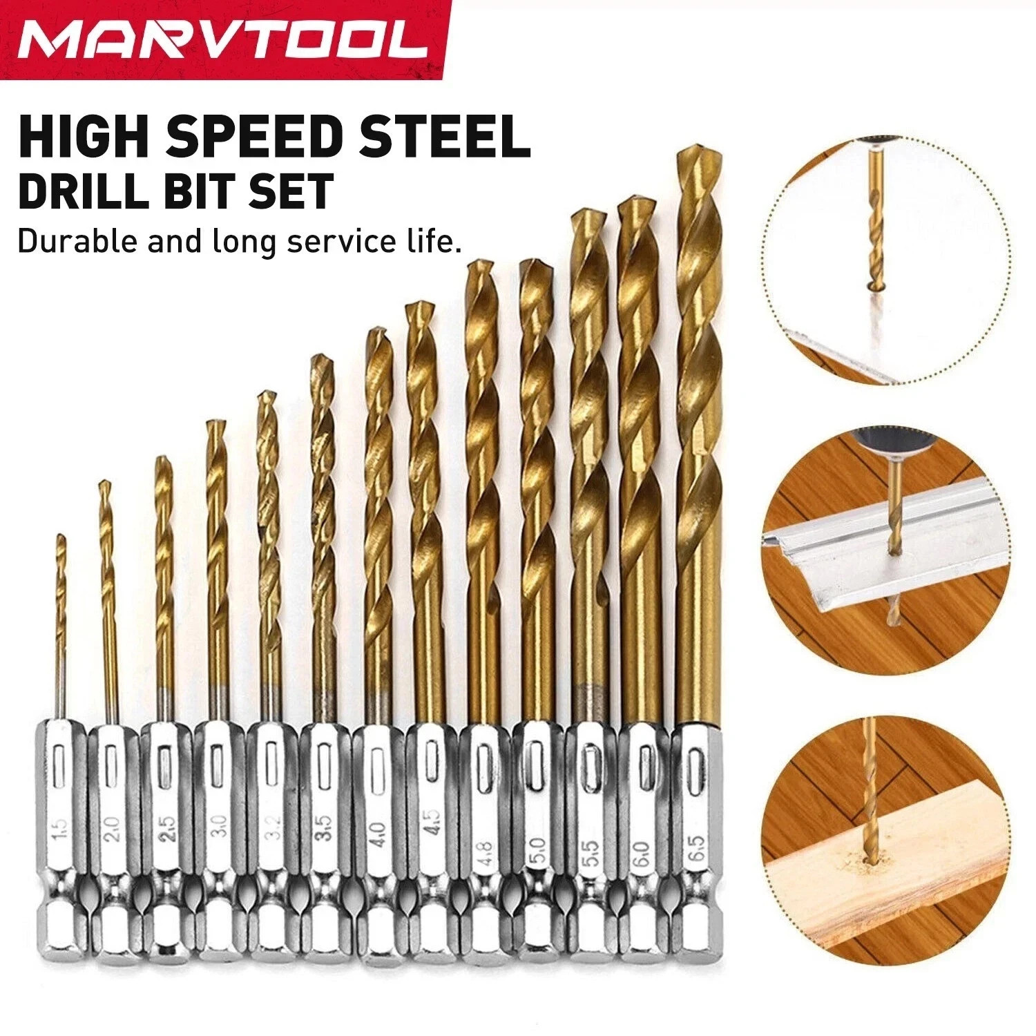 Marvtool Drill Bit 13Pcs HSS Titanium Coated Twist Drill Set Hex Shank 1/4"
