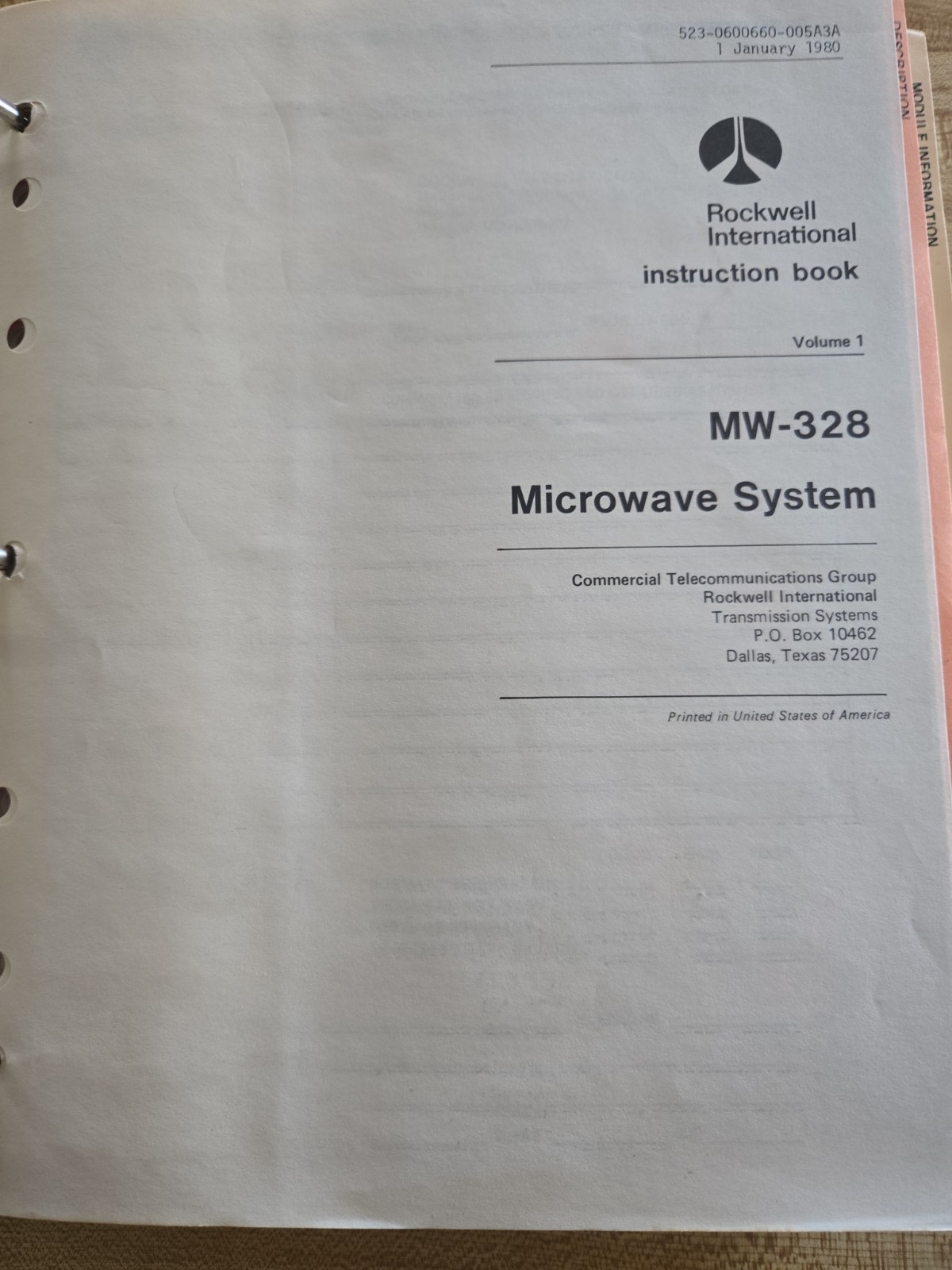 Rockwell International Microwave System MW-328 Instruction Book Volume One