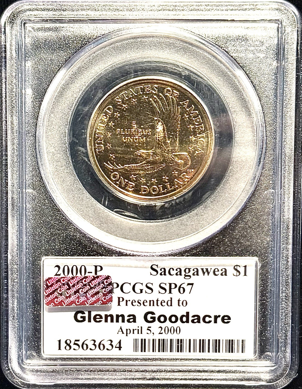 2000 P Glenna Goodacre PCGS SP67 Sacagawea Diehl Signed Coin
