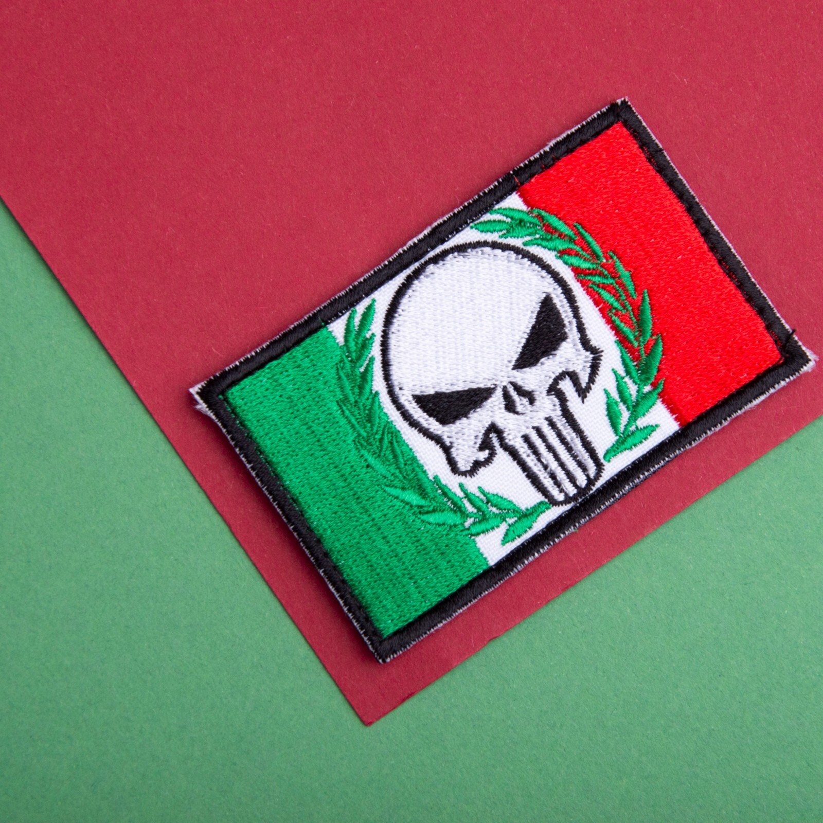 2-Pcs Dead Skull on Italian Flag Embroidered Patch with Hook & Loop Fastener 2x3