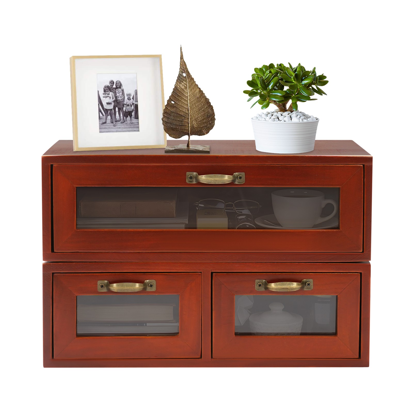 Desktop Storage Cabinet with 3 Drawers Wooden Box Organizer Stackable Brown