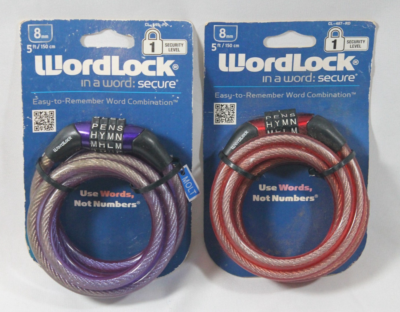 Lot of 2 New WordLock Cable Bike Locks – Red & Purple – 5 Ft Length